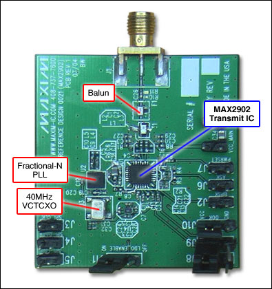 Figure 1. Reference design board features the MAX2902 single-chip transmitter, which is designed for use in 868MHz to 915MHz frequency band. The device complies with FC CFR47 part 15.247 902MHz to 928MHz ISM band specifications.