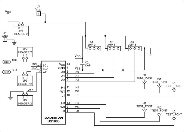 圖2. DS1803數(shù)字電位器與PIC控制器的連接