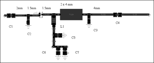 圖4. 2mm x 4mm短截線的布線圖(0.4mm引線電阻為50Ω，微帶線的長度標(biāo)在圖上)