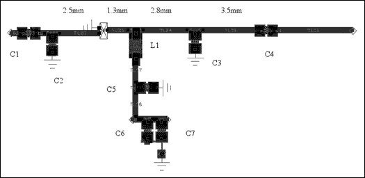 圖2. 輸入和輸出匹配電路的設(shè)計圖(0.4mm線路電阻為50Ω