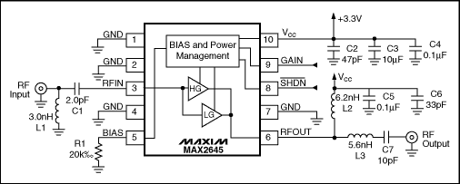 圖1. 工作在2.65GHz的MAX2645 SiGe LNA電路原理圖