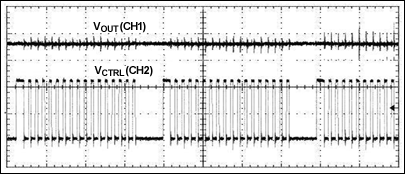 Figure 5d. Output voltage and control voltage for 1A load (20ms/div, CH1 1V/div, and CH2 5V/div).