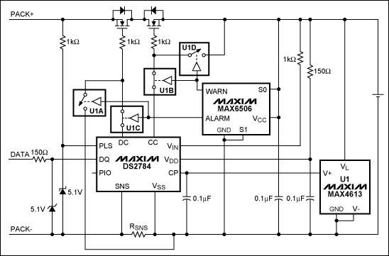 圖1. 在DS2784應(yīng)用電路中加入MAX6506和MAX4613實(shí)現(xiàn)可編程的熱保護(hù)(開(kāi)關(guān)U1A-U1D表示MAX4613內(nèi)的4個(gè)開(kāi)關(guān))。