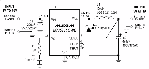 Figure 1. This DC-DC converter circuit is used to illustrate SMT prototyping technique.