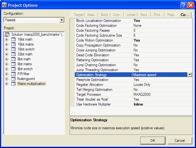 Figure 5. Project options used in Rowley's CrossWorks for the fastest configuration.