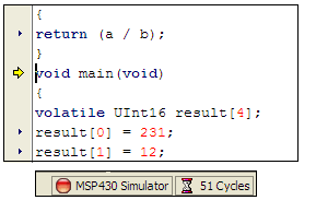 Figure 3. When the Rowley simulator stops at main(), reset the cycle counter (the picture with the hourglass) by double-clicking on it.