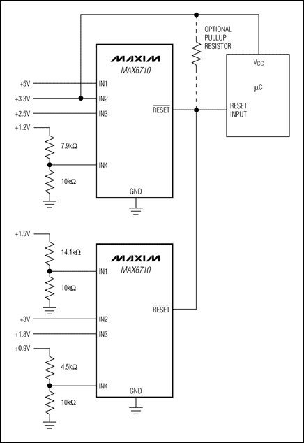 圖1. 利用兩片漏極開(kāi)路輸出的多電壓監(jiān)控器監(jiān)控8路電壓，提供單個(gè)復(fù)位輸出。