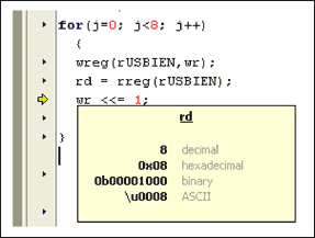 圖10. 采用MAXQ2000微控制器的Rowley CrossStudio開發(fā)工具，單步執(zhí)行，檢查變量值。將光標(biāo)指向“rd”，其數(shù)值會(huì)彈出。