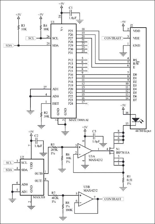 Figure 1. Besides reducing the number of required GPIO lines from eleven to two, this circuit also provides programmable contrast and backlight control.