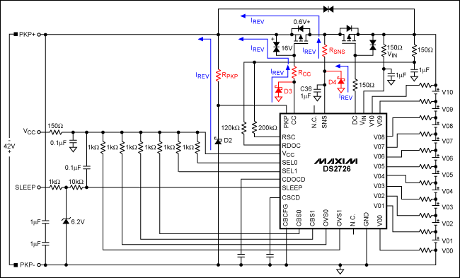 圖1. 對DS2726典型應(yīng)用電路進(jìn)行修改，使其在充電器反接時免于損壞。