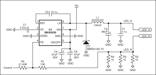 圖1. 通過(guò)調(diào)節(jié)控制電壓(0V至3.9V)，MAX5035 LED電流驅(qū)動(dòng)器能夠在LED_A和LED_K端產(chǎn)生近似350mA至0mA的輸出電流。