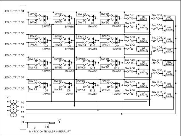 圖2. MAX6954/MAX6955擴(kuò)展后的48鍵連接