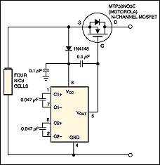 Figure 4. To provide reverse-current protection without disrupting ground-return currents, add a high-side NMOS FET driven by a charge-pump IC.