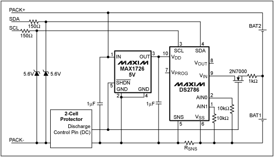 圖1. DS2786在2節(jié)鋰離子/鋰離子聚合物電池包中的應(yīng)用電路