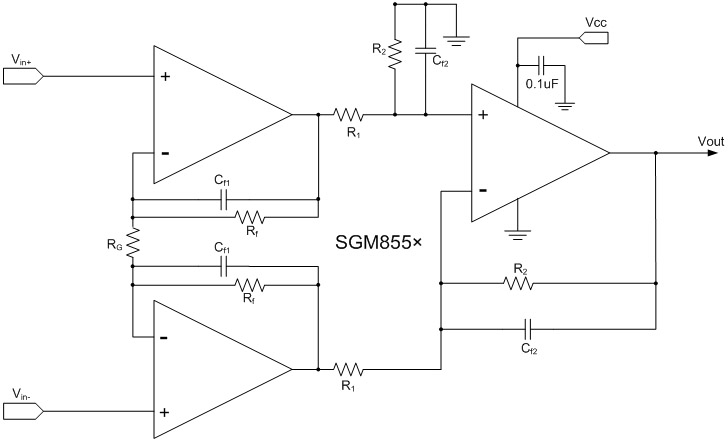 圖4：基于SGM855×系列的分立儀表放大器設(shè)計(jì)方案。 