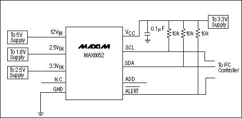 Figure 4. Circuit of Example 4. This circuit is an alternative to the low-voltage circuit in Example 3. Monitored voltages are still 5V, 3.3V, 2.5V, and 1.8V, but the inputs to the 3.3VIN and 2.5VIN pins are swapped to give better resolution when measuring the 1.8V supply.