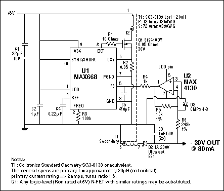 This circuit uses the MAX668 and a transformer (which will need about a one-to-six turns ratio) to make a flyback converter. The op amp inverts the feedback from the negative output voltage. 