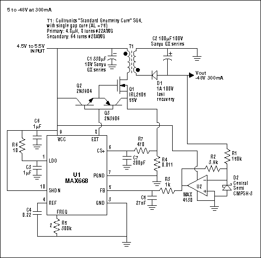 Figure 1. This simple transformer flyback inverter generates -48V from a +5V input.