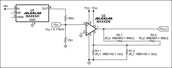 圖2. MAX4208配合外置rejustor實現(xiàn)360V/V增益