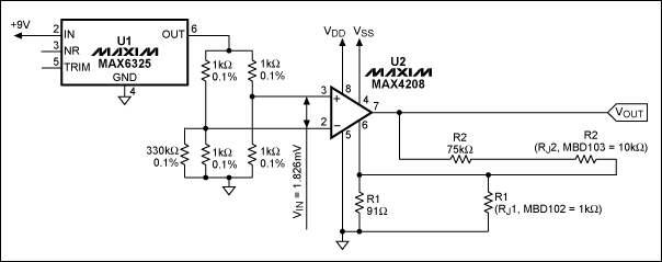 圖6. MAX4208配合外置rejustor和電阻實現(xiàn)1000V/V增益