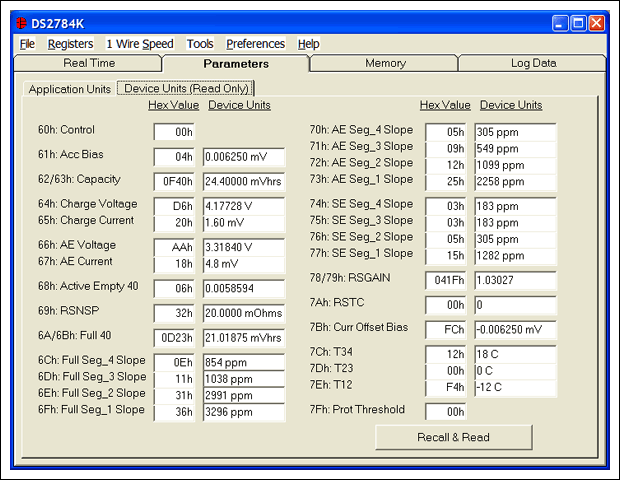 圖2. Parameters表格的Device Units子表格中給出了DS2784實際保存的參數(shù)。