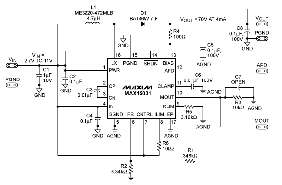 圖1. MAX15031升壓轉(zhuǎn)換器原理圖，F(xiàn)SW = 400kHz (固定)。