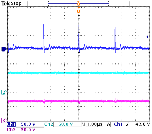 圖3. VIN = 3.3V、APD電流為4mA時的LX節(jié)點(diǎn)電壓(通道1)、VOUT (通道2)和APD輸出(通道3)。