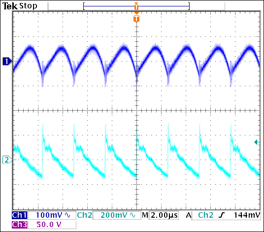 圖4. VIN = 3.3V、APD電流為4mA時的輸入紋波(通道1)和輸出紋波(通道2)。