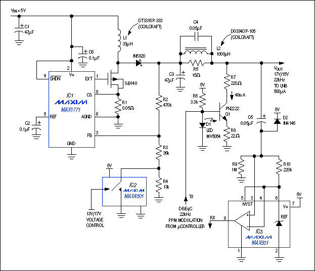 圖1. 本電路設(shè)計(jì)用于衛(wèi)星接收器的低噪聲單元，這種DiSEqC兼容的電源通過(guò)在13V和17V之間切換供電電壓來(lái)實(shí)現(xiàn)數(shù)據(jù)通信。