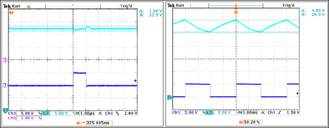 Figure 4. VLED with 1μs pulse and with a 2ms pulse. VLED alternates between resting mode and adaptive mode.