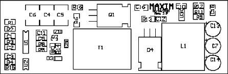 Figure 12. Component placement of the FWD0510 power supply; note that Q1 and D4 are placed on the bottom side, where their metal tabs are exposed to the heatsink plate.