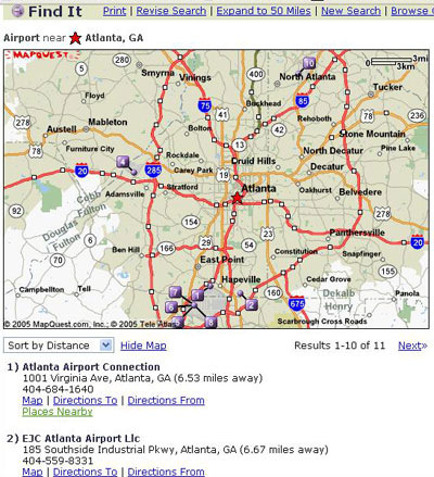 在我們單擊“Search for Locations”（搜索地點）時，MapQuest會生成一幅亞特蘭大地圖，并列出搜索到的“機場”