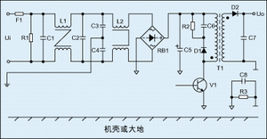 圖2：進(jìn)行過電磁兼容設(shè)計(jì)后的反激式開關(guān)電源電氣原理圖。