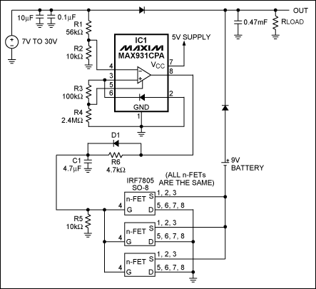 圖1. IC1 MAX931比較器用于監(jiān)測主電源電壓。當(dāng)主電源電壓下降到7.4V以下時，它可以通過將電池負(fù)端接地接通備用電池。