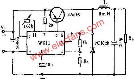 W611組成自激式開關(guān)穩(wěn)壓電路圖  ttokpm.com