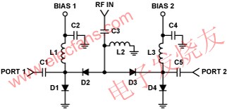 典型單刀雙擲(SPDT) RF開關(guān)電路 www.ttokpm.com