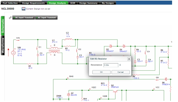 圖4：在電路圖(部分)中可以進(jìn)一步修改元件值，并進(jìn)行直流或交流仿真測試（電子系統(tǒng)設(shè)計(jì)）