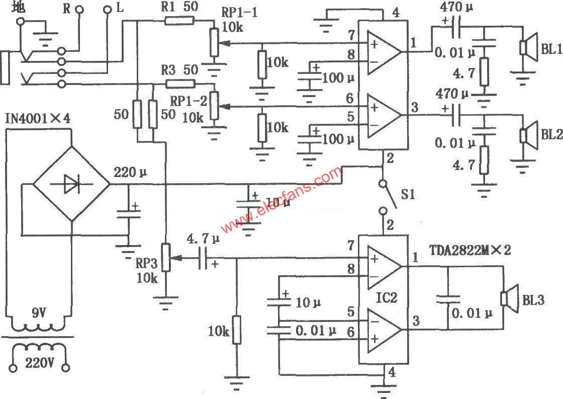 小型床頭聽音系統(tǒng)的電路圖  www.ttokpm.com