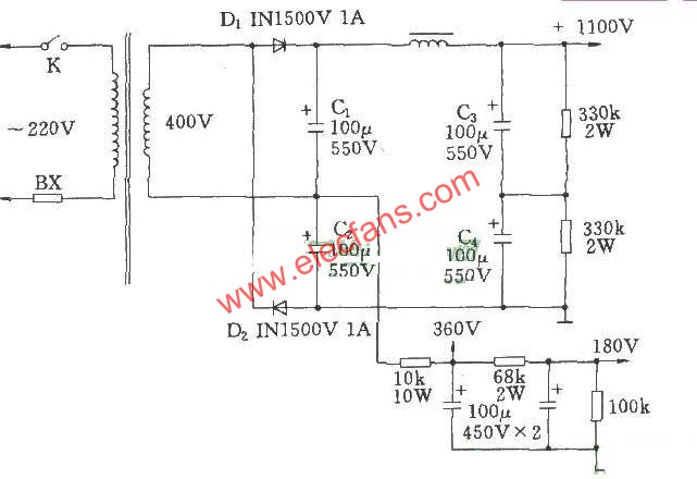 電子管功放的高壓倍壓電路圖  ttokpm.com