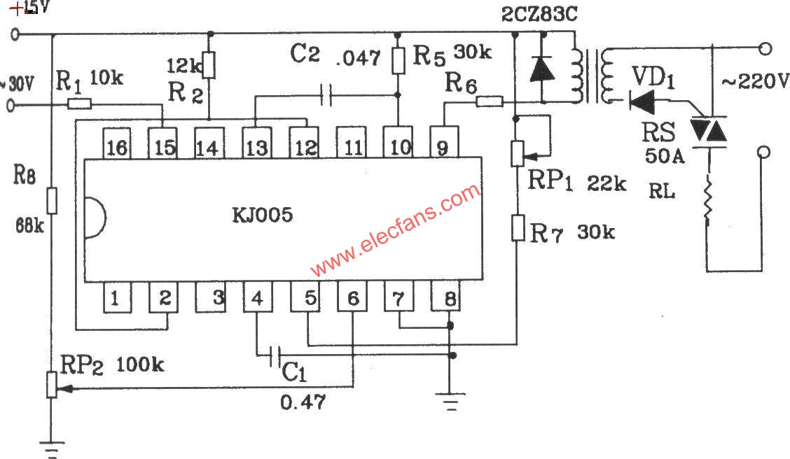 KJ005可控硅移相觸發(fā)器外電路接線圖  ttokpm.com