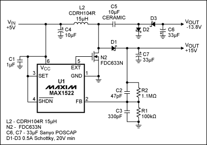 Figure 1. This single-inductor, 200mA power supply derives +15V/-14V from +5V. www.ttokpm.com