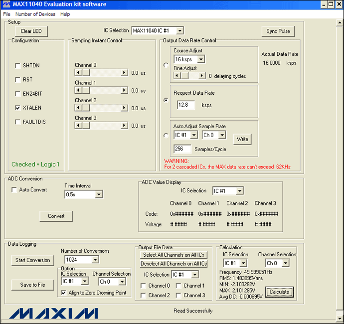 圖4. MAX11040EVKIT GUI允許用戶方便地設(shè)置各種測量條件：12.8ksps、256采樣點(diǎn)/周期和1024次轉(zhuǎn)換。此外，GUI的計(jì)算部分提供了一個(gè)進(jìn)行快速工程運(yùn)算的便捷工具。