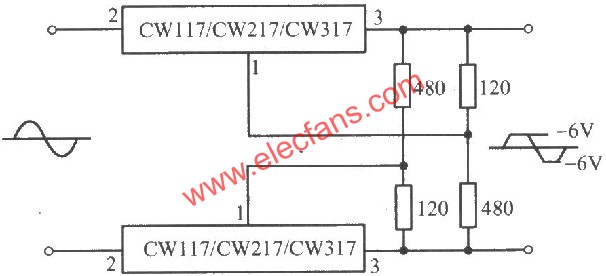 CW117/CW217/CW317構(gòu)成的交流峰值削波電路圖  ttokpm.com