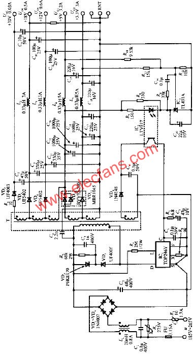 由TOP246Y構(gòu)成的45W多路輸出式開關(guān)電源電路  www.ttokpm.com