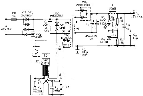 由MC33374T/TV構成52W開關電源的電路