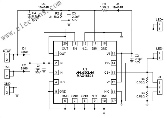 MAX16804高亮度LED驅(qū)動(dòng)器評(píng)估板電路原理圖