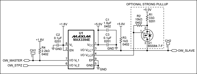 圖1. 1-Wire雙向電平(1.8V至5V)轉換器電路原理圖，注意，引腳I/O VL和I/O VCC具有10kΩ內部上拉。