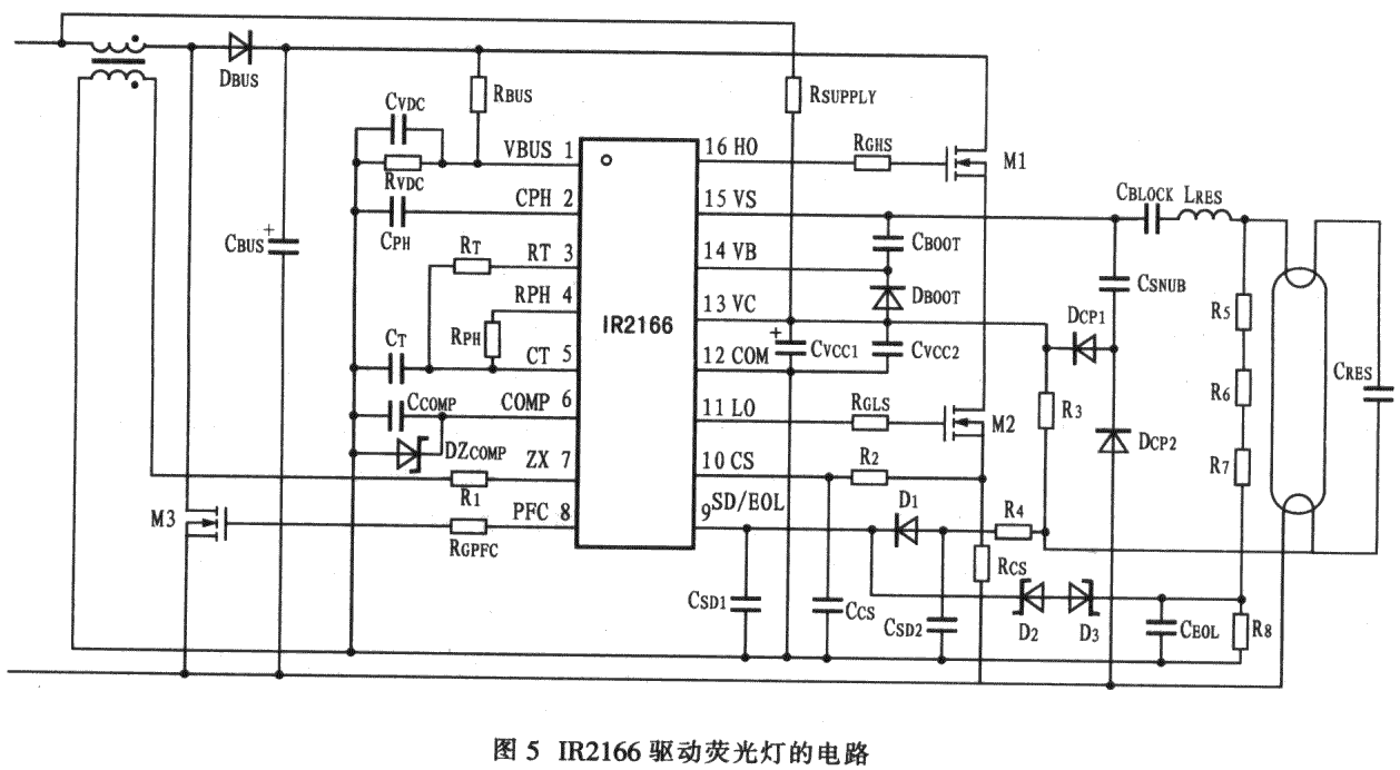 ir2166驅(qū)動(dòng)電子鎮(zhèn)流器的典型應(yīng)用電路