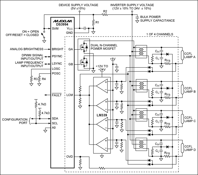 Figure 2. Typical operating circuit with multiple lamps per channel.