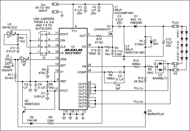 圖2. 采用MAX16807 SEPIC LED驅(qū)動(dòng)器的圖1電路原理圖(VIN = 8V至18V，VLED = 22V [自適應(yīng)]，ILED = 150mA/串)。